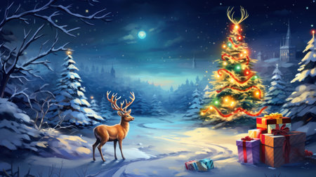Christmas and New Year background with deer, Christmas tree and gifts.の素材