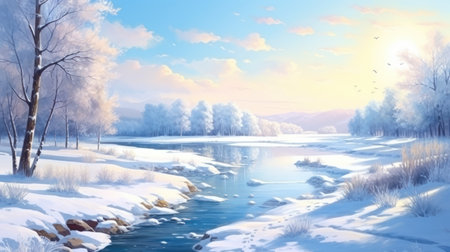 Winter landscape with river and trees covered with hoarfrost at sunsetの素材