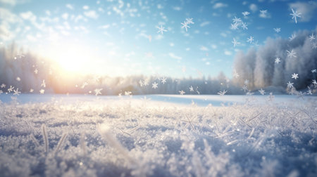 Frozen winter forest with snow covered trees and blue sky. 3d renderingの素材