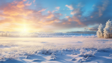 Winter landscape with snow-covered meadow, trees and sunset.の素材