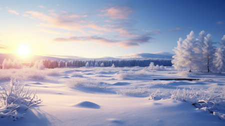 Beautiful winter landscape with snow covered trees and blue sky at sunsetの素材