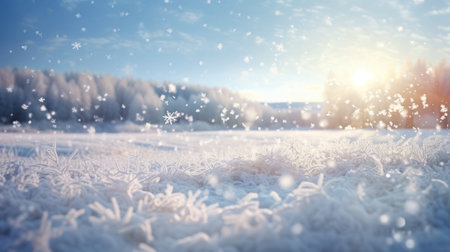 Winter landscape with snowflakes on the background of a winter forestの素材