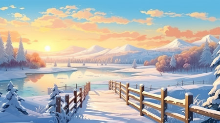 Winter landscape with frozen lake and wooden fence at sunset, 3d illustrationの素材
