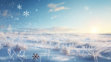 Winter background with snowflakes and blue sky. 3d renderingの素材