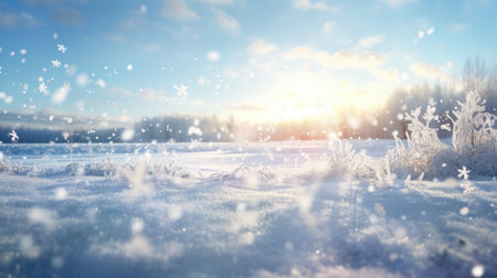 Frosty winter landscape with snowflakes and sunbeamsの素材