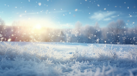 Beautiful winter landscape with snowflakes and sunbeams.の素材