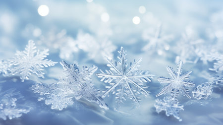 Snowflakes on blue background with bokeh effect. Christmas background.の素材
