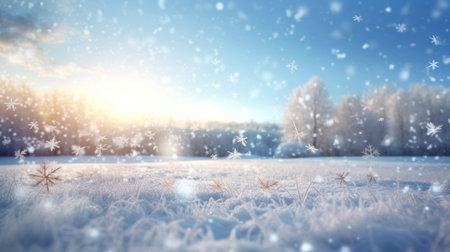 Winter forest and snowflakes. Beautiful winter landscape with snowflakesの素材
