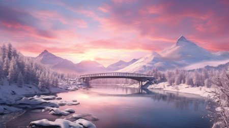 Fantastic winter landscape with bridge over the river in the mountainsの素材