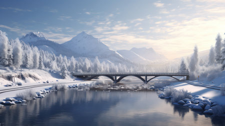 Beautiful winter landscape with a bridge over the river and snowy mountainsの素材