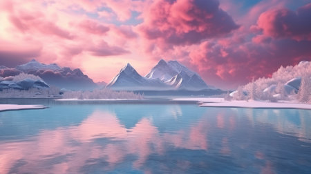 Fantasy landscape with snowy mountains and lake. 3d illustration.の素材