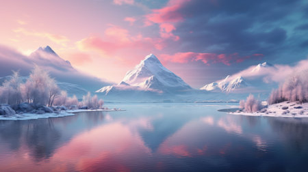 Fantasy winter landscape with snowy mountains and lake. 3d renderの素材