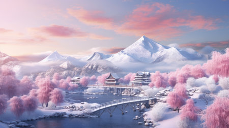 3d render of japanese cityscape with cherry blossomの素材