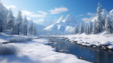 Winter landscape with snowy fir trees and mountain river. 3d renderの素材