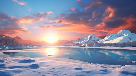 beautiful winter landscape with a lake and mountains. 3d renderの素材