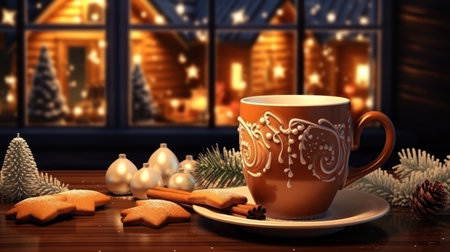 Cup of coffee with christmas decoration. 3d illustration.の素材