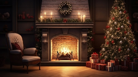 3D rendering of a Christmas living room with a fireplace and a Christmas treeの素材