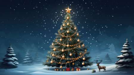 Christmas background with christmas tree and reindeer. Vector illustration.の素材