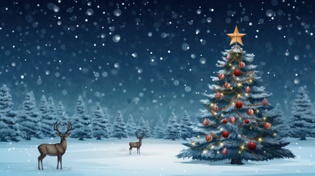 Christmas background with deers and christmas tree. 3D renderingの素材