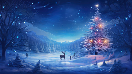 Merry Christmas and Happy New Year greeting card. Winter forest with fir trees, deer and snowflakes.の素材