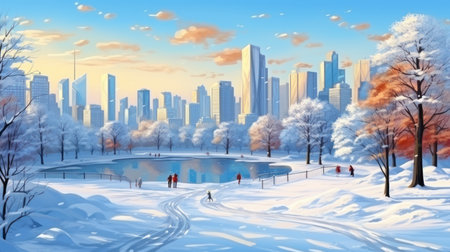 Winter city park with skyscrapers in the background, 3d renderの素材