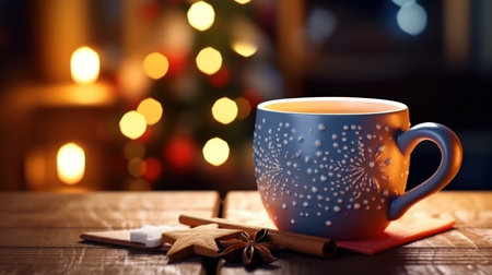 Cup of tea on wooden table in front of christmas lightsの素材