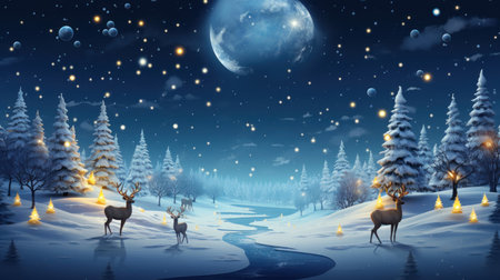 Winter landscape with reindeer and moon. Vector illustration for your designの素材