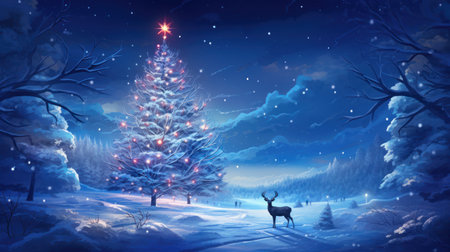Winter landscape with a Christmas tree, deer and snowflakes.の素材