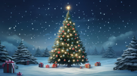 Christmas tree with gifts against snowy landscape with fir trees 3d-illustrationの素材