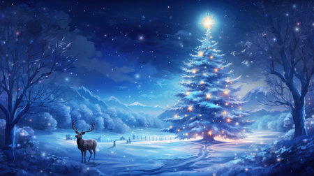 Winter landscape with Christmas tree and reindeer. Vector illustration.の素材
