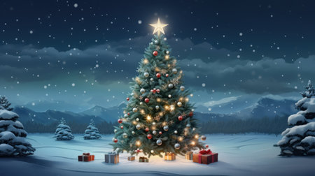 Christmas background with Christmas tree and gift boxes. 3D illustrations.の素材