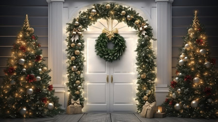 3D rendering of a classic entrance door with a decorated Christmas treeの素材