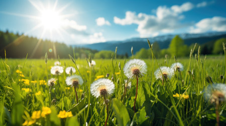 Beautiful spring landscape with dandelions on meadow and sunの素材