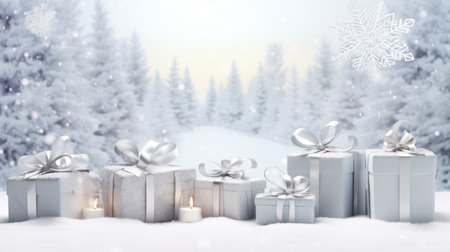 Christmas gift boxes with silver ribbons in snowy forest. 3D renderingの素材