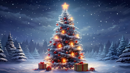 Christmas background with Christmas tree and gift boxes, 3D illustration.の素材