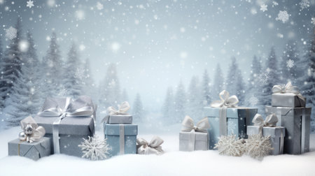 Composite image of christmas gifts against snowy landscape with fir treesの素材