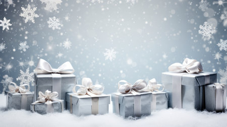 Silver gift boxes on snow with snowflakes. Christmas background.の素材
