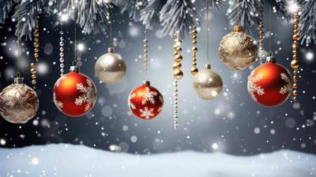 Christmas background with baubles, snow and fir tree branches.の素材