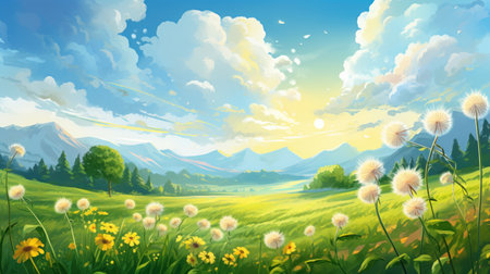 Beautiful summer landscape with dandelions and mountains. Vector illustrationの素材
