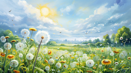 Spring meadow with dandelions and birds. Nature background.の素材