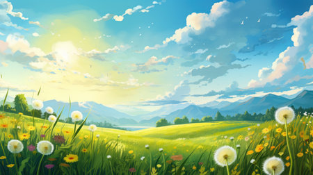 Beautiful spring landscape with dandelions and meadows. Vector illustration.の素材
