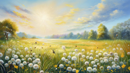 Beautiful landscape with dandelions on the meadow at sunsetの素材