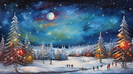 Winter landscape with fir trees and full moon in the night sky.の素材