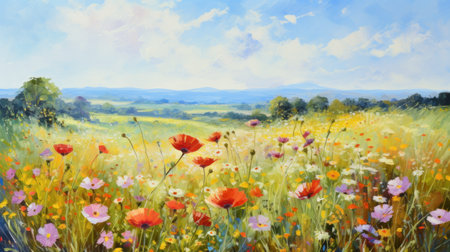 Summer meadow with poppies and wildflowers. Digital painting.の素材