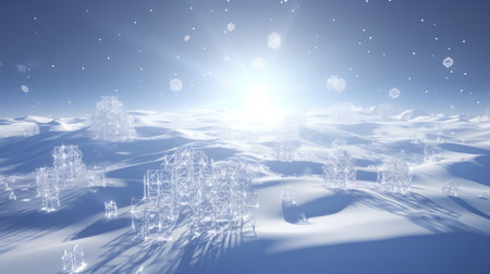 Winter landscape with snowdrifts and snowflakes. 3d renderの素材