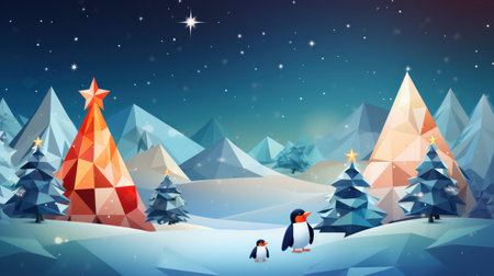 Winter landscape with penguins and christmas trees. Vector illustration.の素材