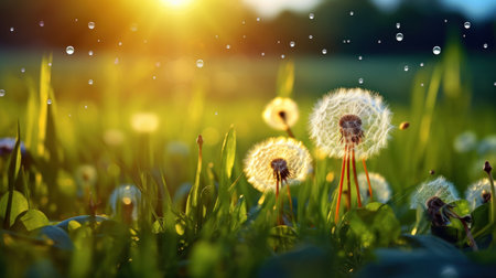 Dandelion seeds on green grass with drops of water and sunlightの素材
