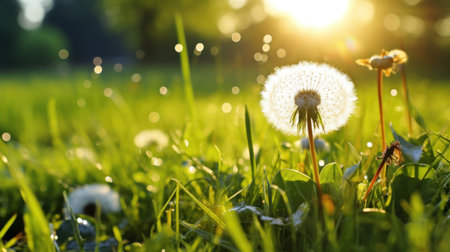 Dandelion flower on a green meadow lit by the sunの素材