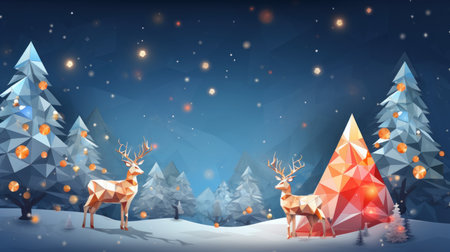 Christmas and New Year background with winter forest and deer. Vector illustration.の素材