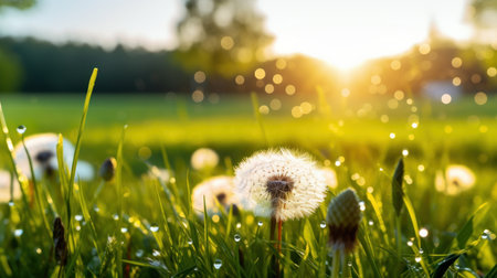 Dandelion flowers on green meadow at sunset. Natural backgroundの素材